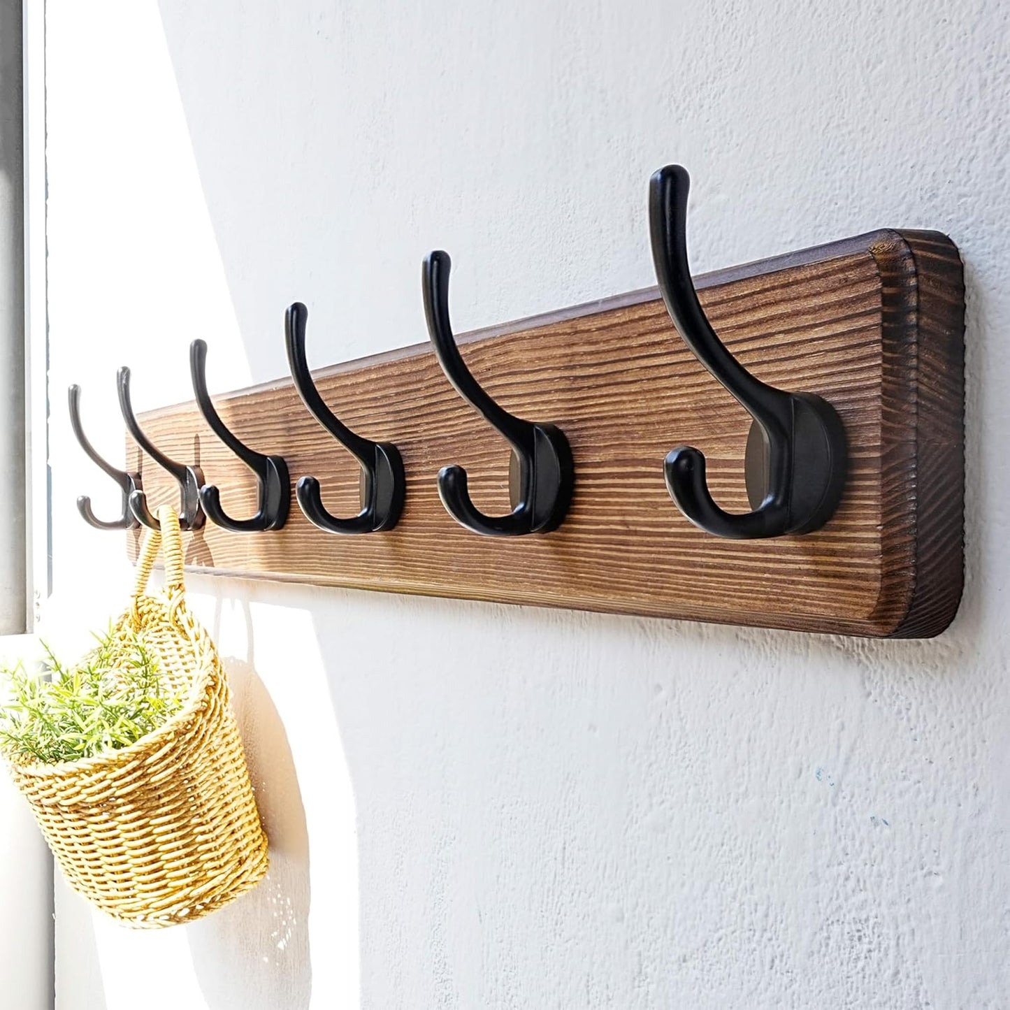 Dseap Coat Rack Wall: 24" Long, Patented, Heavy-Duty, 6-Double-Hooks Wooden Wall Mounted Coat Rack Coat Hanger Hook Rail for Winter Coats Hat Jacket Clothing, Natural & Black