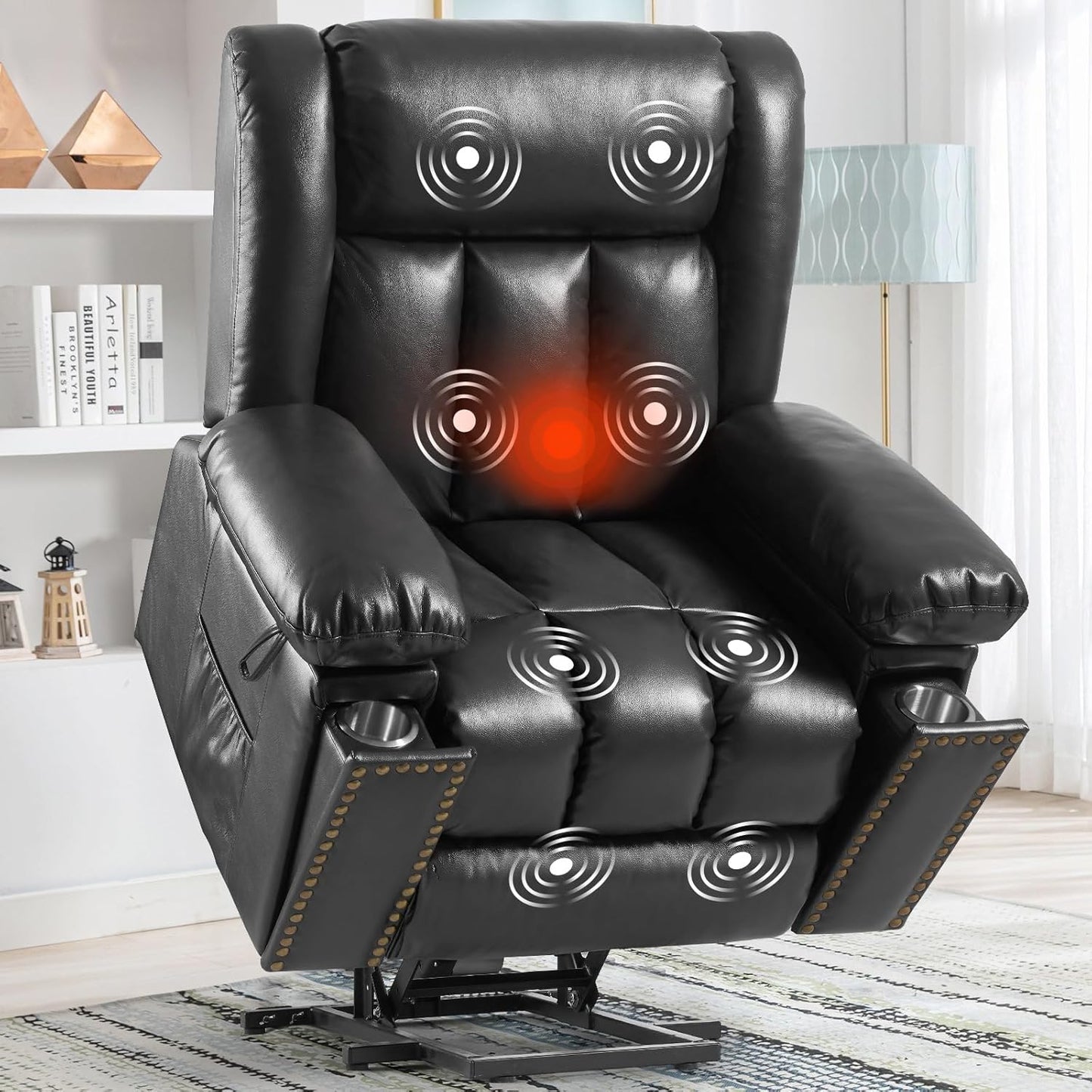 Electric Power Lift Recliner Chair for Elderly with Heat & Massage, Breathable Leather Large Reclining Chairs w/2 Concealed Cup Holders for Seniors Home Living Room,1PC,Grey