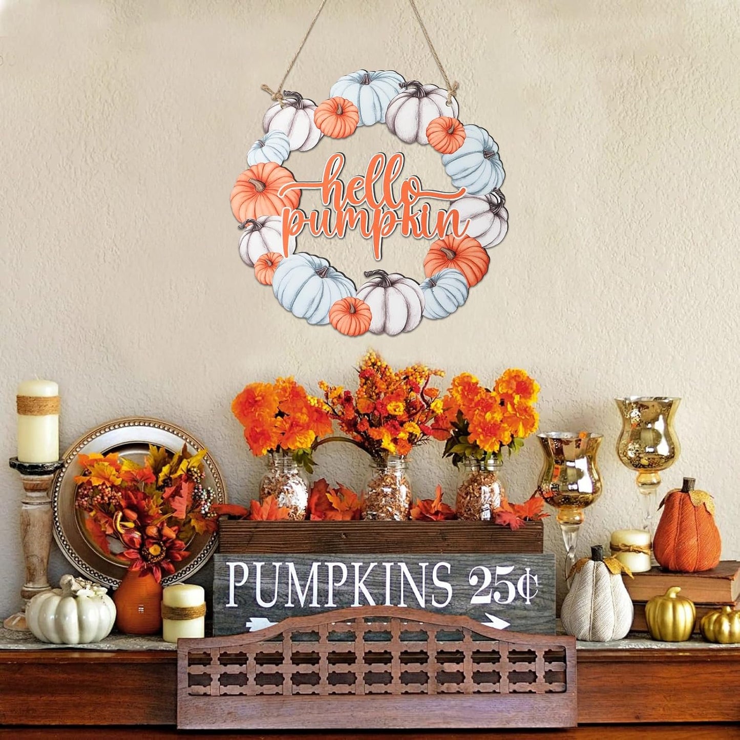 Unfinished Fall Wreaths Wood Crafts to Paint Set of 3, 11" Bulk Fall Pumpkin Wreath Ornaments for Painting, Unfinished Wood Cutouts DIY Ornaments for Front Door with Ropes (Pumpkin)