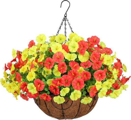 Artificial Fall Flowers Fake Hanging Plants Flowers Basket for Outdoors Autumn Decoration, Silk Morning Glory with Eucalyptus Look Real UV Resistant Faux Flowers for Outside Porch Patio Balcony, Mix