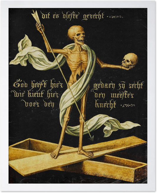 Poster Master Vintage Medieval Poster - Retro Gothic Print - Gift for Artist, Friend - Allegory of Life and Death, Skeleton, Dark, Skull - Wall Decor for Home, Living Room, 8x10 White Framed
