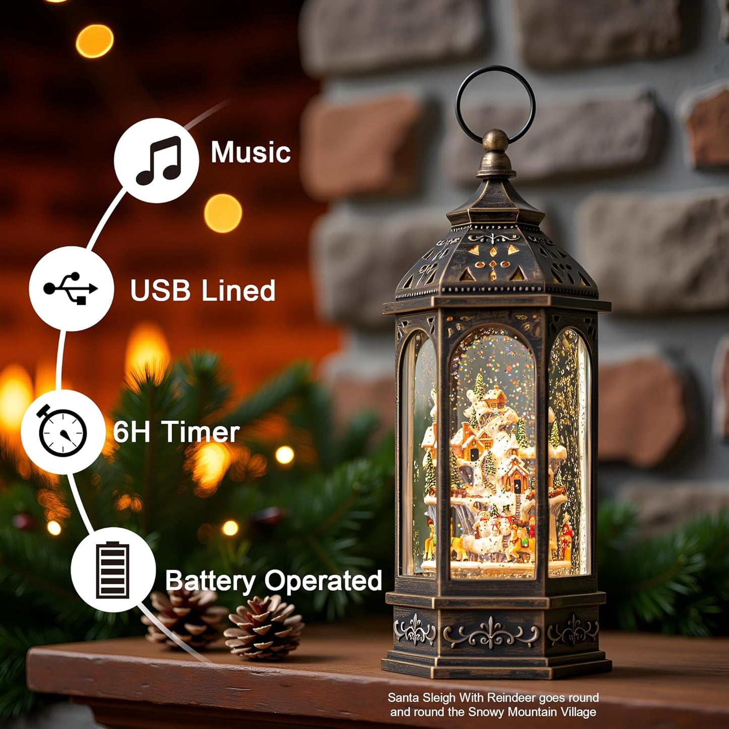 Animated Christmas Village Buildings with Moving Figurines Lighted Water Lantern, USB Lined/Battery Operated Snow Globe for Christmas Festival Decoration Gifts