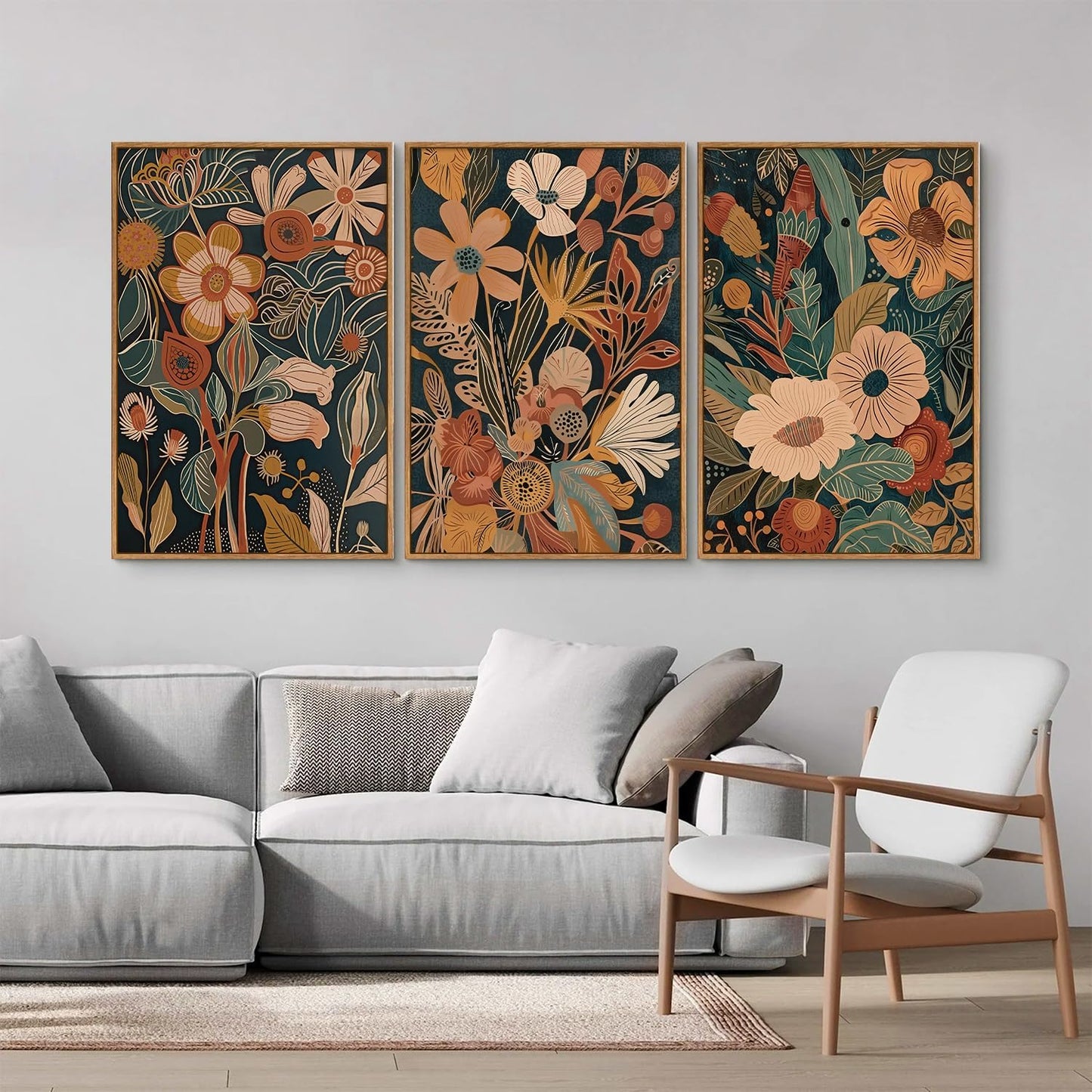 Tinonedraw Vintage Burnt Orange Floral Framed Canvas Wall Art Set of 3, Boho Chic Flower Artwork, Mid Century Modern Plant Wall Decor, Colorful Neutral Botanical Art Prints for Bedroom Living Room Office 16"x24"