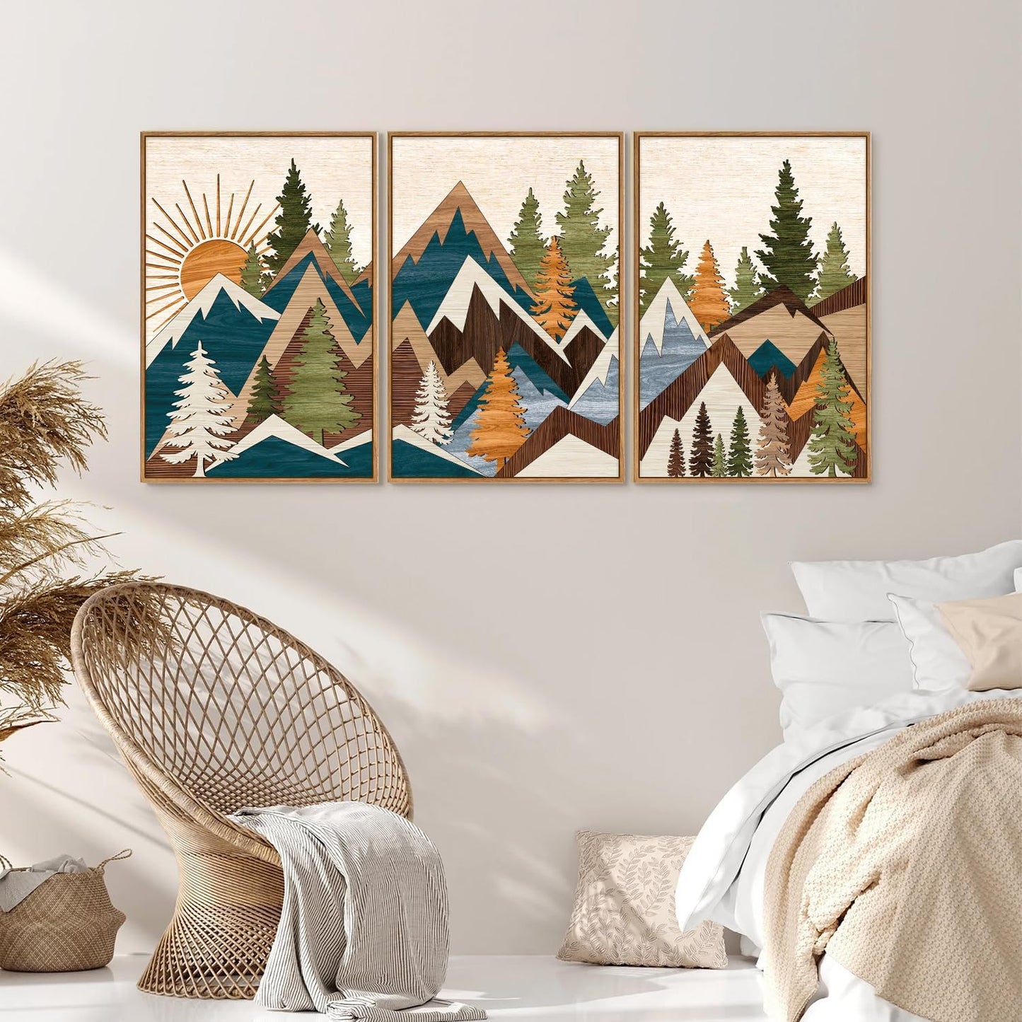 Tinonedraw Large Metal Mountain Framed Canvas Wall Art of 3, Boho Rustic Sunrise Forest Wall Decor, Modern Nature Country Artwork, Vintage Wilderness Art Print for Living Room Bedroom Office 16"x24"