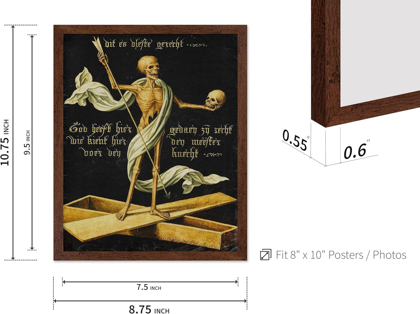 Poster Master Vintage Medieval Poster - Retro Gothic Print - Gift for Artist, Friend - Allegory of Life and Death, Skeleton, Dark, Skull - Wall Decor for Home, Living Room, 8x10 Brown Framed