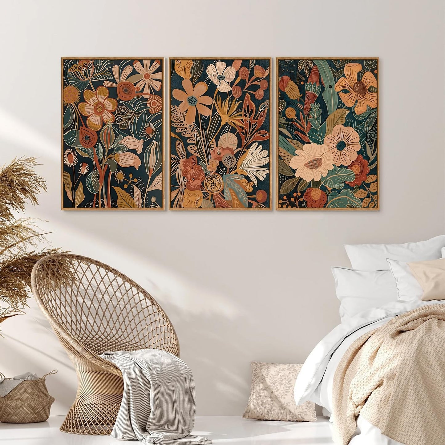 Tinonedraw Vintage Burnt Orange Floral Framed Canvas Wall Art Set of 3, Boho Chic Flower Artwork, Mid Century Modern Plant Wall Decor, Colorful Neutral Botanical Art Prints for Bedroom Living Room Office 16"x24"