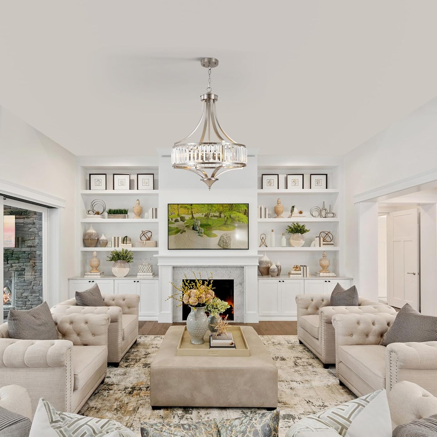 20" Brushed Nickel Chandeliers for Dining Room, 5-Light Modern Crystal Chandelier for Entryway, Hanging Round Light Fixture for Kitchen Island Living Room Bedroom Office Bathroom Staircase