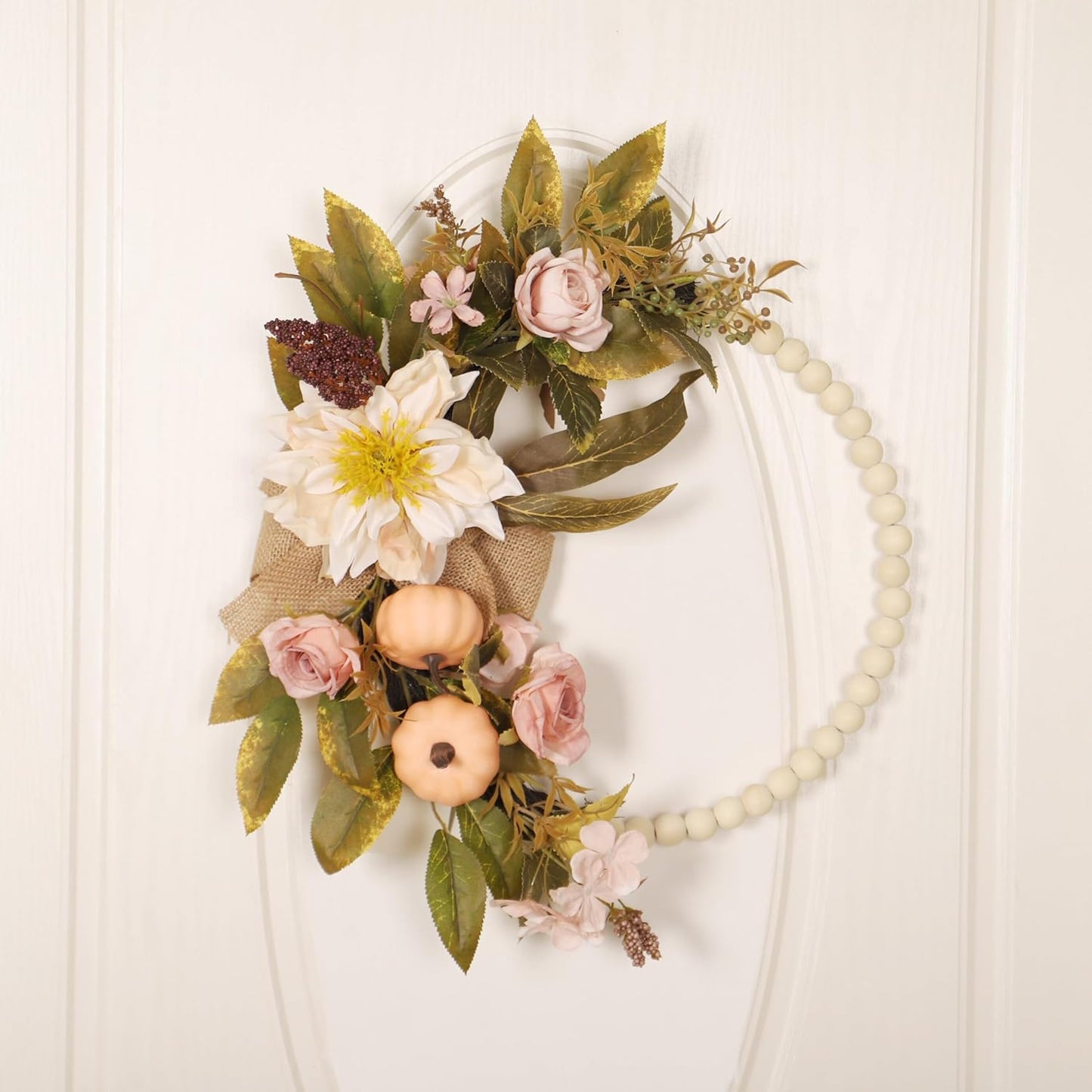 Fall Wreaths for Front Door, Autumn Wreath with Pumpkins, Berries and Leaves for Indoor Outdoor Porch Thanksgiving Farmhouse Harvest Halloween Home Décor (Pink Pumpkin)