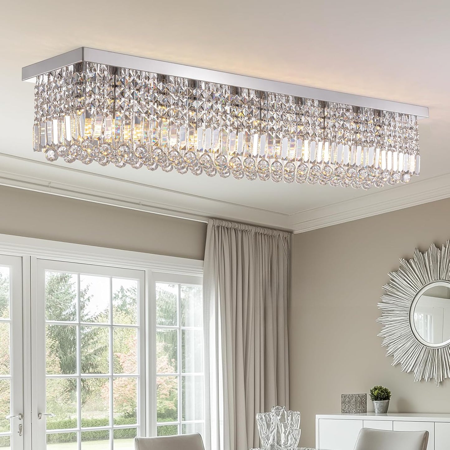 Luxury Lighting Fixture Chandelier Rectangular with Raindrop Crystals Pendant Light Fixture 10-Lights Modern Crystal Rectangle Flush Mount Chandelier for Living Room Dining Room Bar L47 Inch