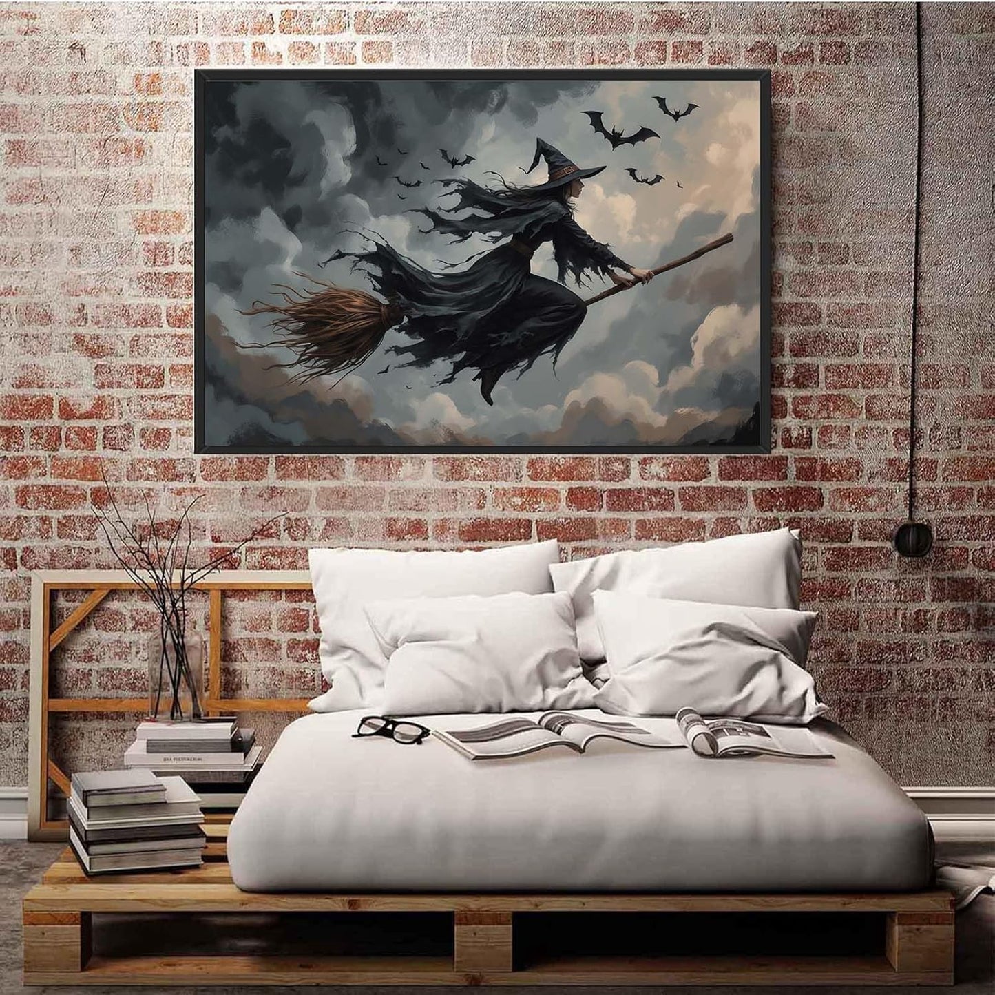 JFHCQJPK Witch and bat flying Halloween poster suitable for home party wall decoration retro Halloween preppy style wall art canvas print suitable for room decoration12x16in Metal blackFramed