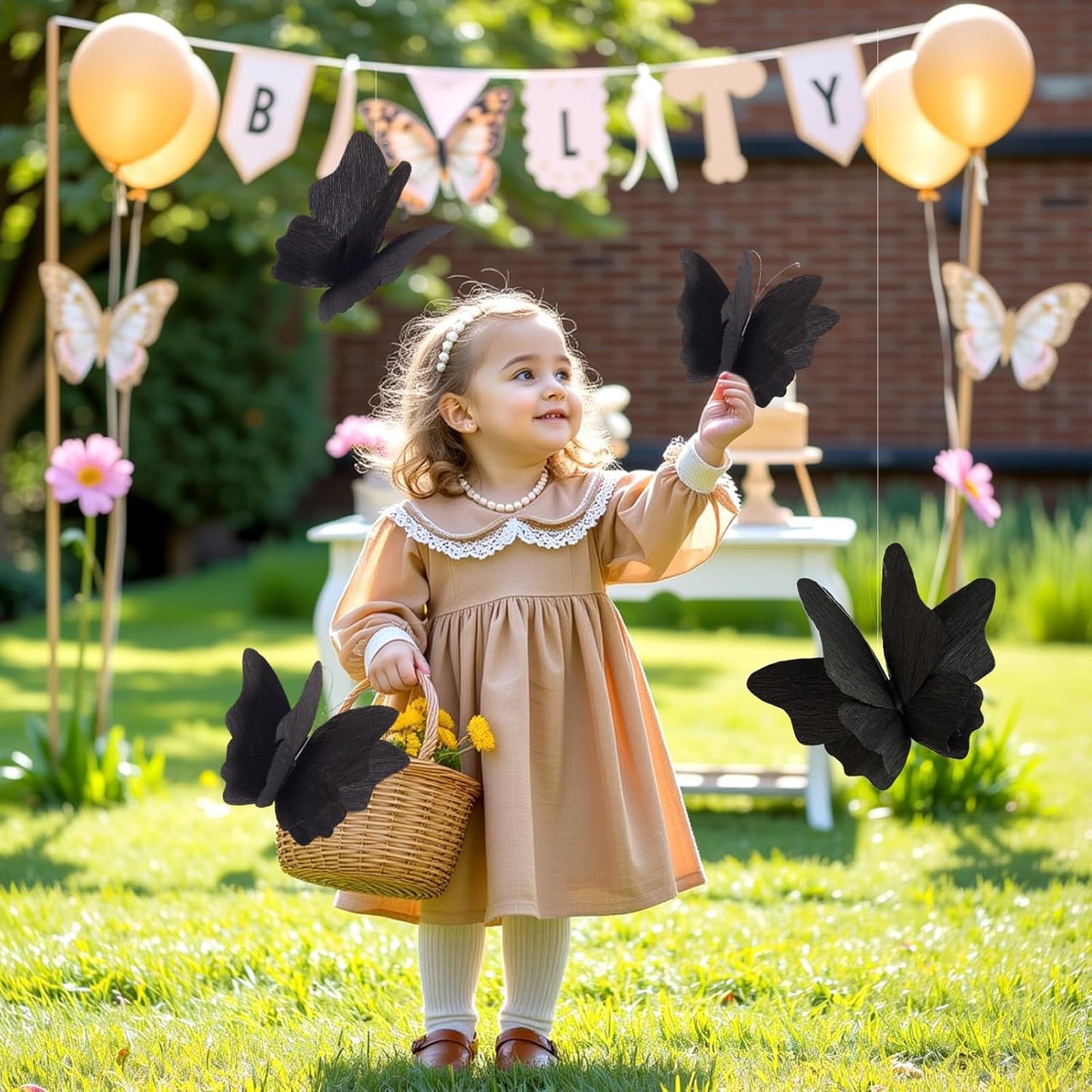 Party Butterfly Decorations, Black 3D Butterfly Birthday Decoration, 4 Pcs Crepe Paper Hanging Decor for Room, School, Black Theme, Flower Party for Garden, Dining Table Decor