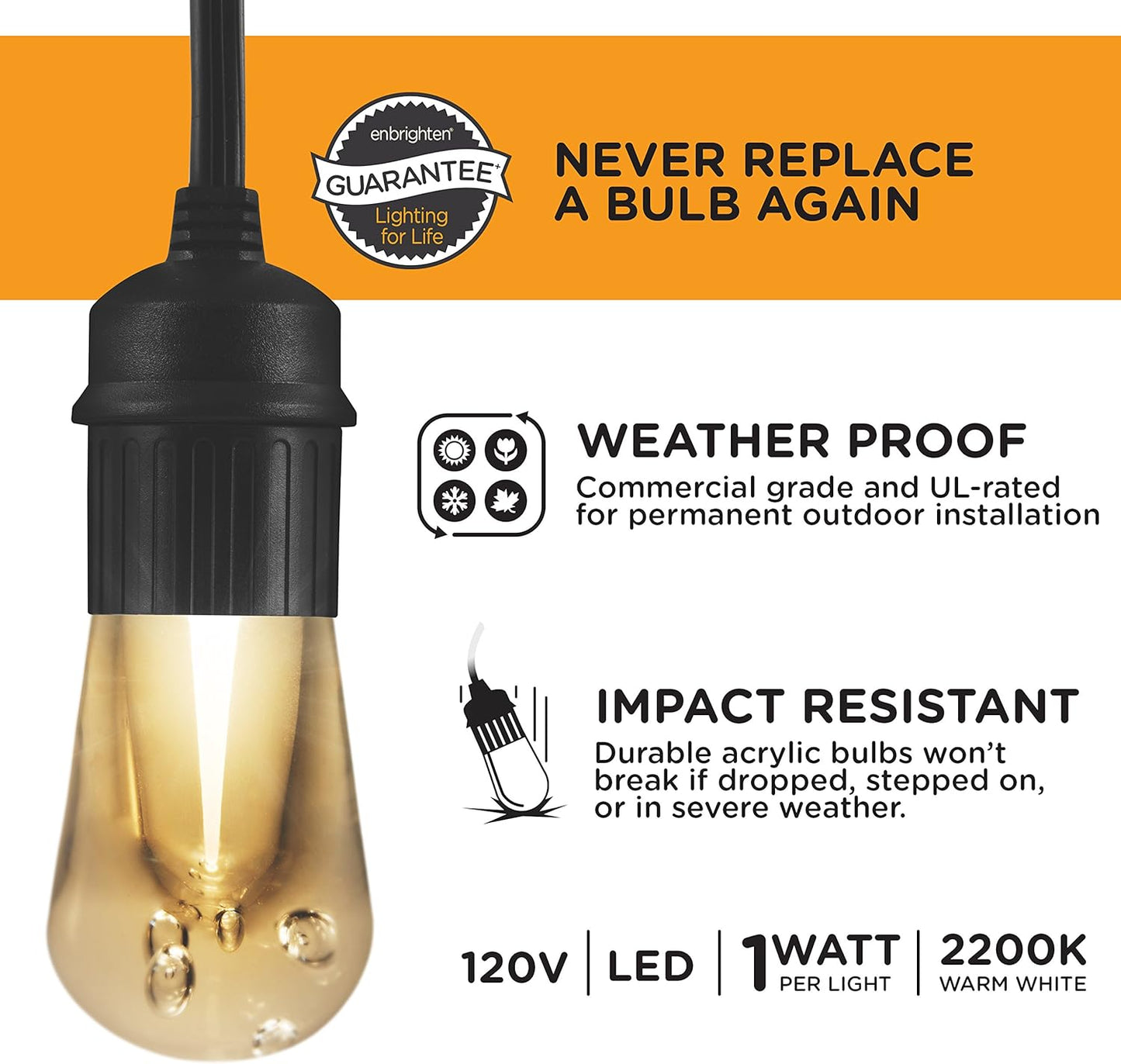 Enbrighten LED Outdoor String Lights 24ft Soft Warm White Patio Lights with Ultra-Durable Shatterproof and Waterproof Acrylic Bulbs for Balcony, Backyard, Porch, Gazebo, Deck, Party and Market, 35629