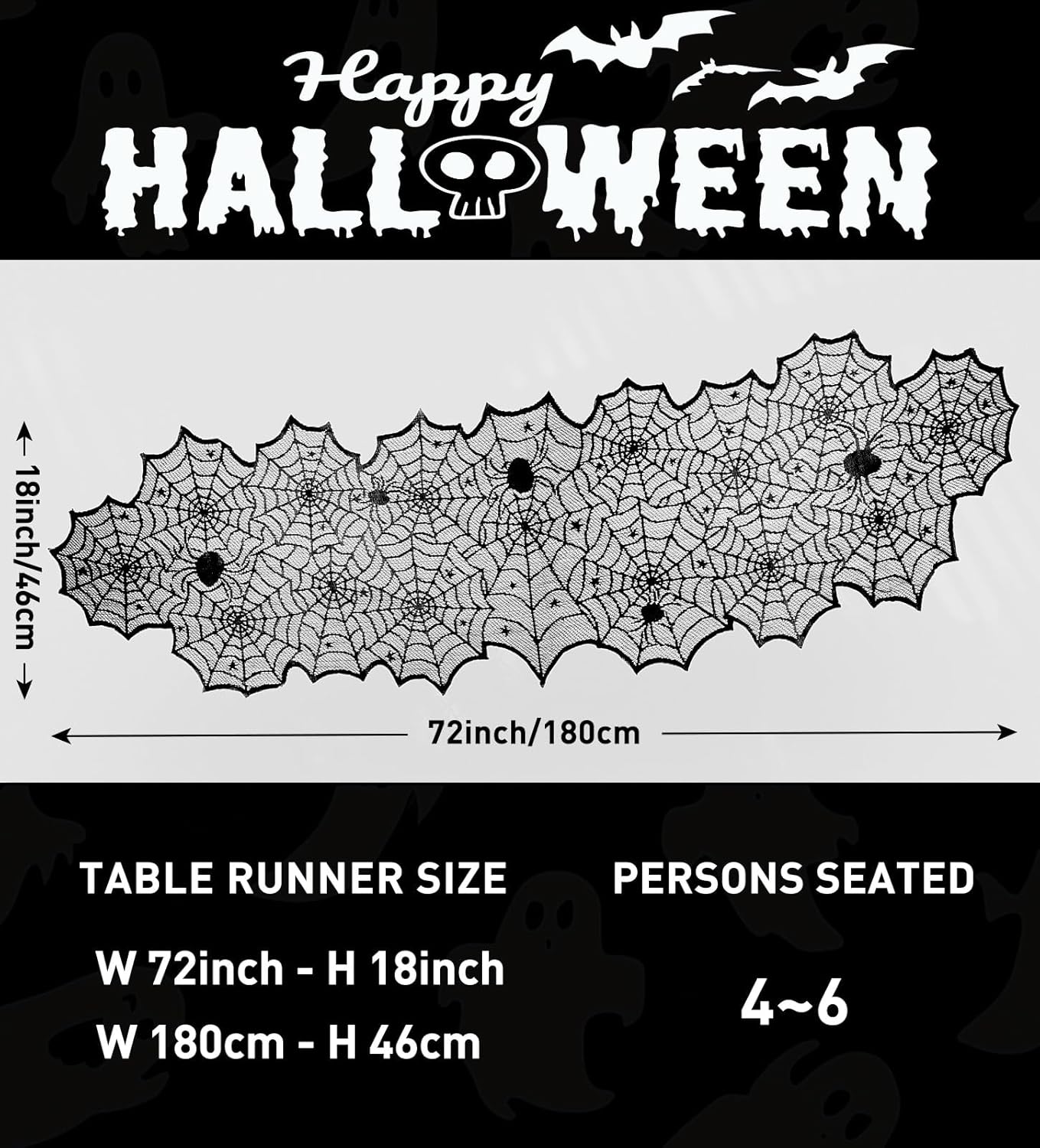 Halloween Table Runner,72 Inches Long Black Lace Spider Web Table Runners for Halloween Table Decoration/Party Dinner Table Decor,Kitchen,Mantel,Bedroom Decoration