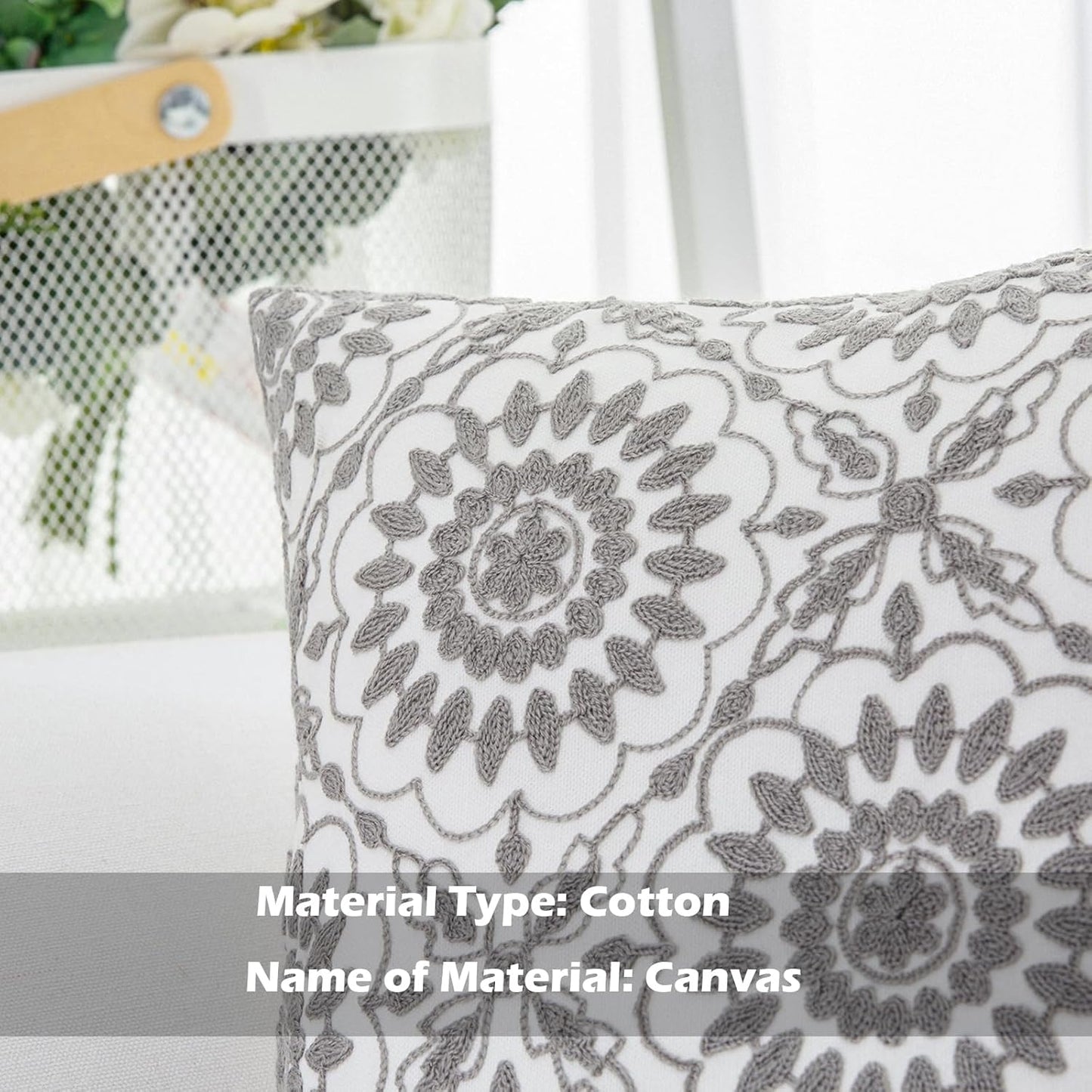 HWY 50 Gray Grey Decorative Throw Pillow Covers 18x18 Inch (1 Piece), Embroidered Cotton Farmhouse Cushion Cover Pillow Case for Sofa Couch Living Room Bed, Little Sunflower