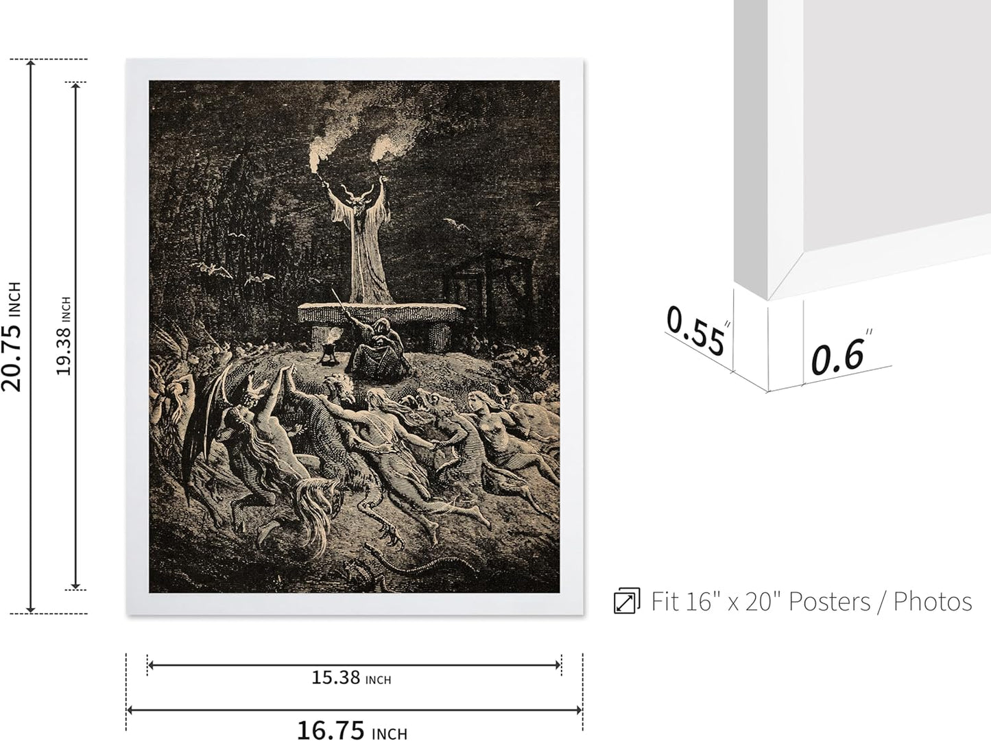 Poster Master Vintage Gustave Dore Poster - Retro Illustration Print - Gift for Gothic, Horror Fan - Dance of Sabbath, Witch, Magic, Spell - Wall Decor for Bedroom, Dorm, 16x20 White Framed
