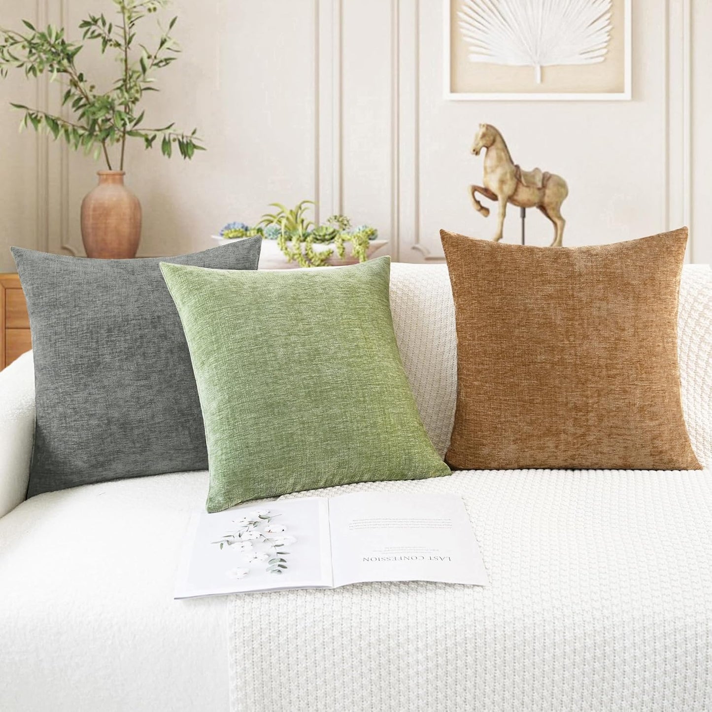 CaliTime Throw Pillow Covers Decorative 20 X 20 Inches Pack of 2 Cozy Chenille Cushion Cases for Couch Sofa Bed Living Room Home Apricot Brown