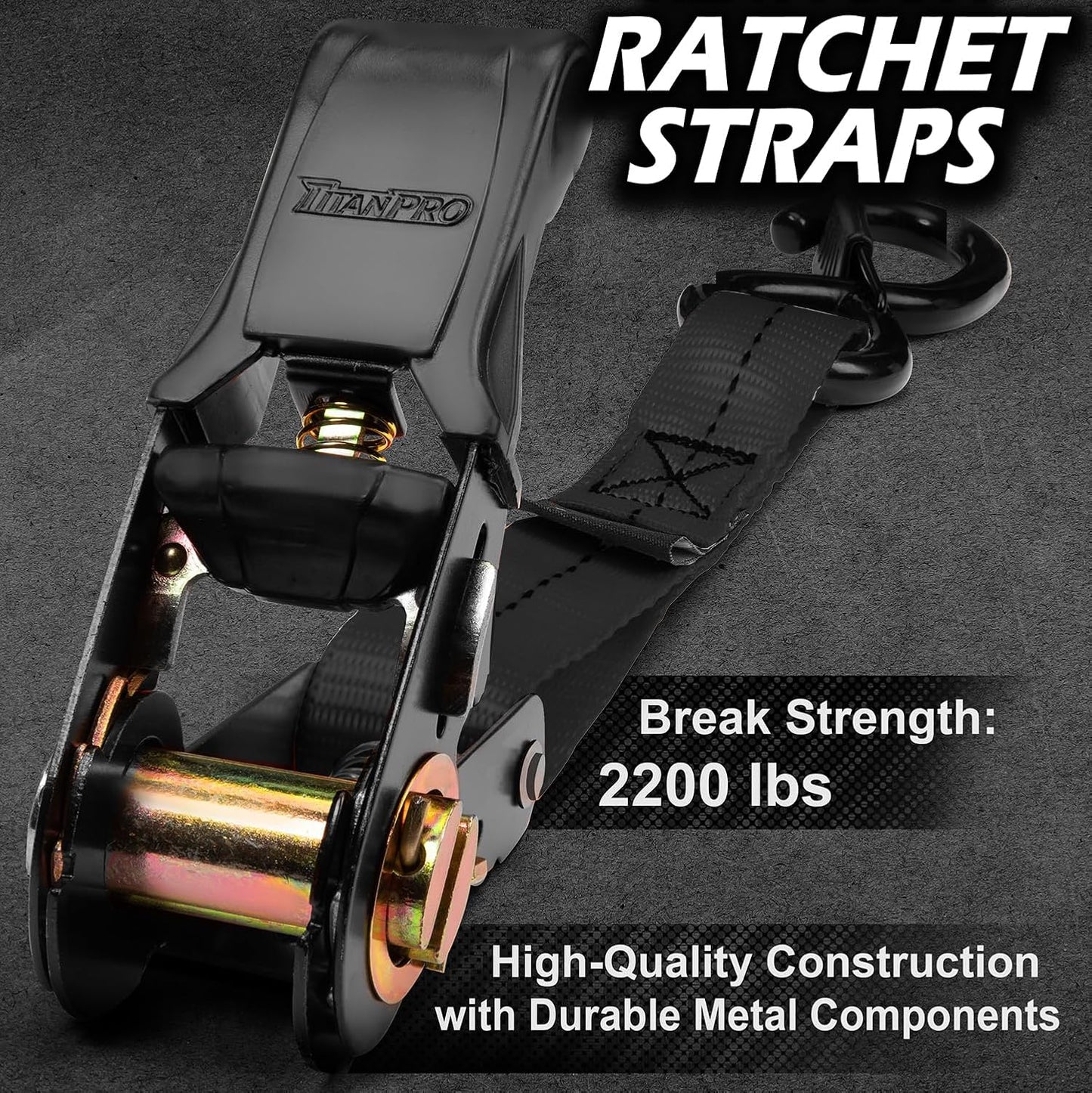 TitanPro Heavy Duty Ratchet Straps 4-Pack - 2,200lb Break Strength, 1" x 15' Rachet Tie Downs with Padded Handles - Heavy Duty, Truck, Motorcycle, Moving Straps (Black)