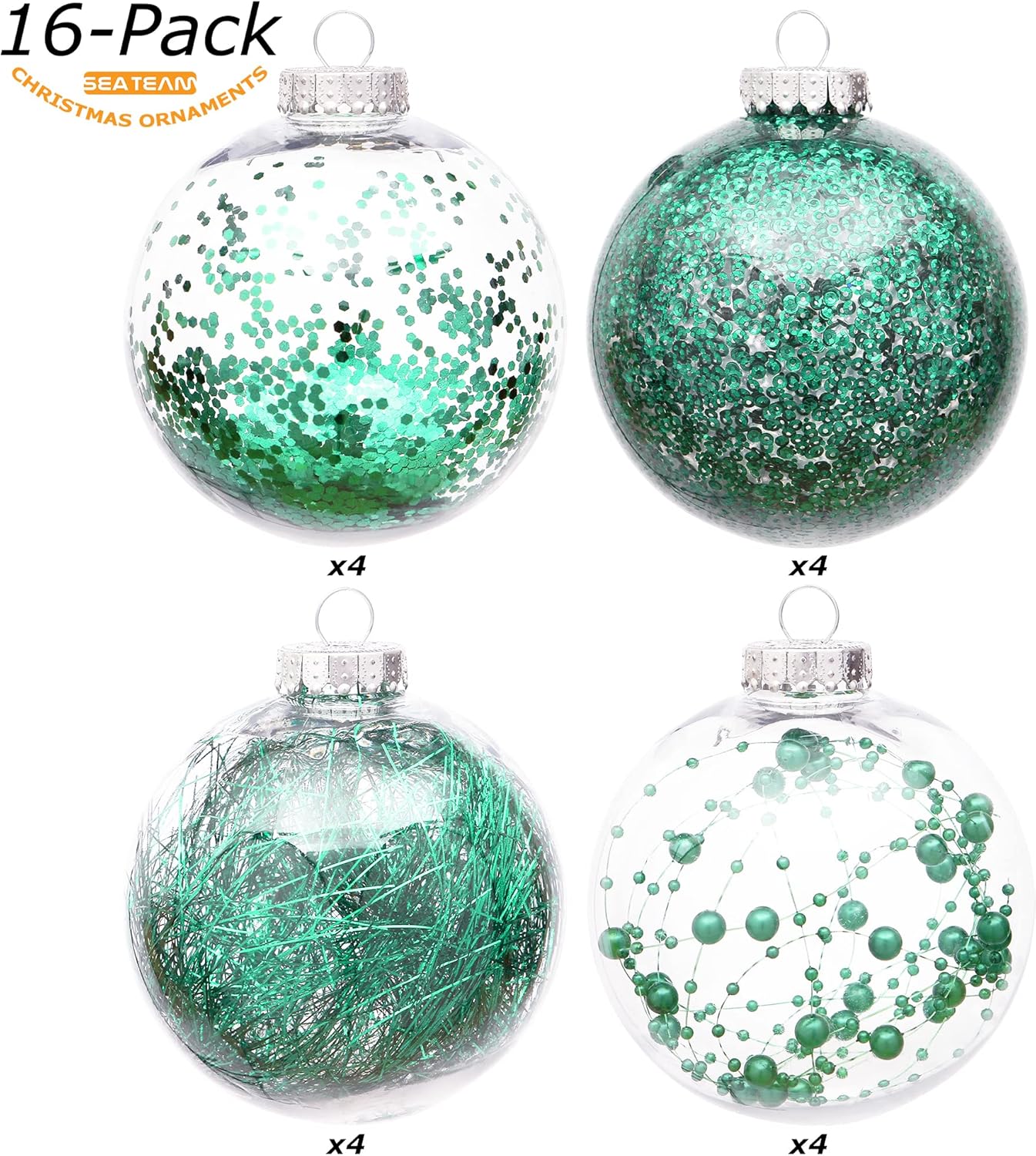 Sea Team Shatterproof Clear Plastic Christmas Ball Ornaments Decorative Xmas Balls Baubles Set with Stuffed Delicate Decorations (100mm/3.94 inch 16-Pack, Green)