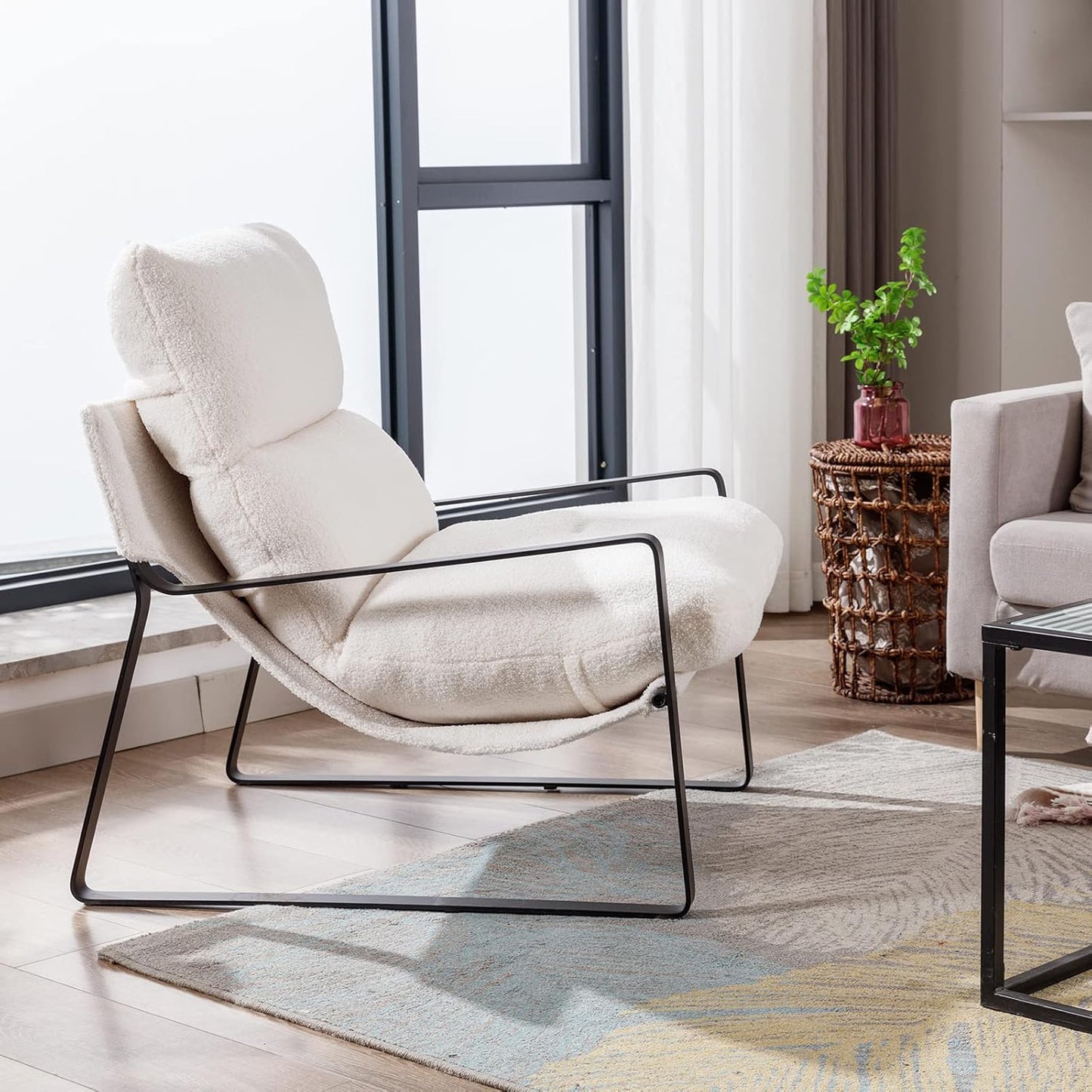 DUOMAY Modern White Sherpa Accent Chair Set of 2, Comfy Lounge Lazy Chair with Metal Leg, Mid-Century Corner Arm Chair for Living Room Bedroom Office Apartment