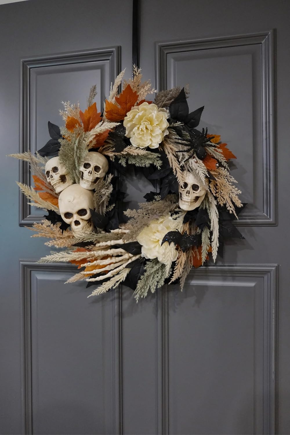 24" Halloween Wreath for Front Door with Artificial Skulls, Wheat, Maple Leaves and White Peonies - Fall Halloween Holiday Decoration for Home Door Wall Indoor/Outdoor