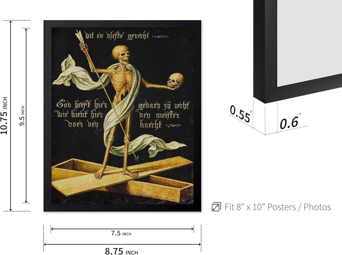 Poster Master Vintage Medieval Poster - Retro Gothic Print - Gift for Artist, Friend - Allegory of Life and Death, Skeleton, Dark, Skull - Wall Decor for Home, Living Room, 8x10 Black Framed