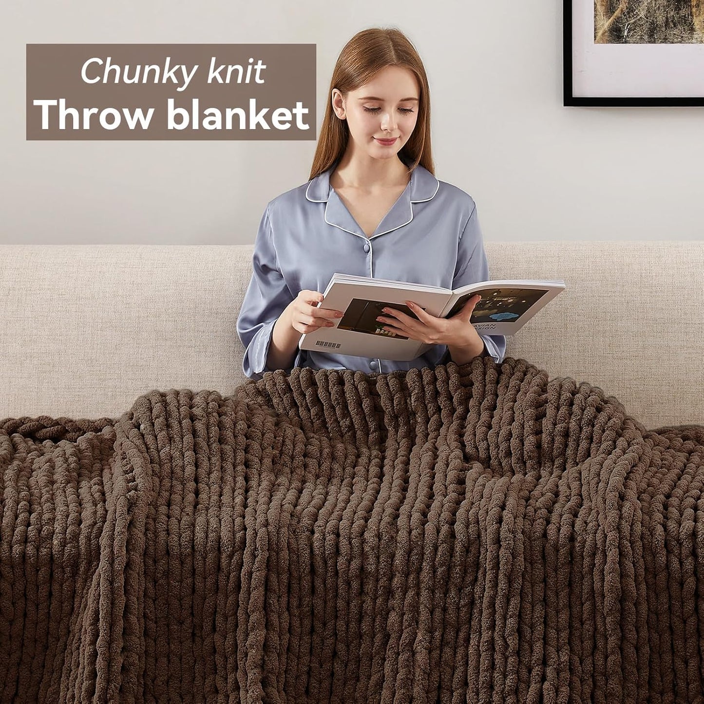 Chunky Knit Throw Blanket, 40''*50'' Knitted Throw Chenille Yarn for Bed Couch, Handmade Dark Brown Crochet Big Thick Blanket, Machine Washable Cute Comfy Blanket for Home Decor