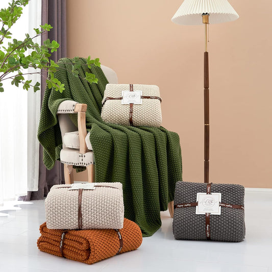 Longhui bedding Chunky Cable Knit Throw Blanket Lightweight Grey 100% Organic Cotton Blanket for Sofa Couch Bed Baby Nursery, Rustic Shabby Chic Modern Farmhouse, Gray 51” x 63” Give Laundering Bag