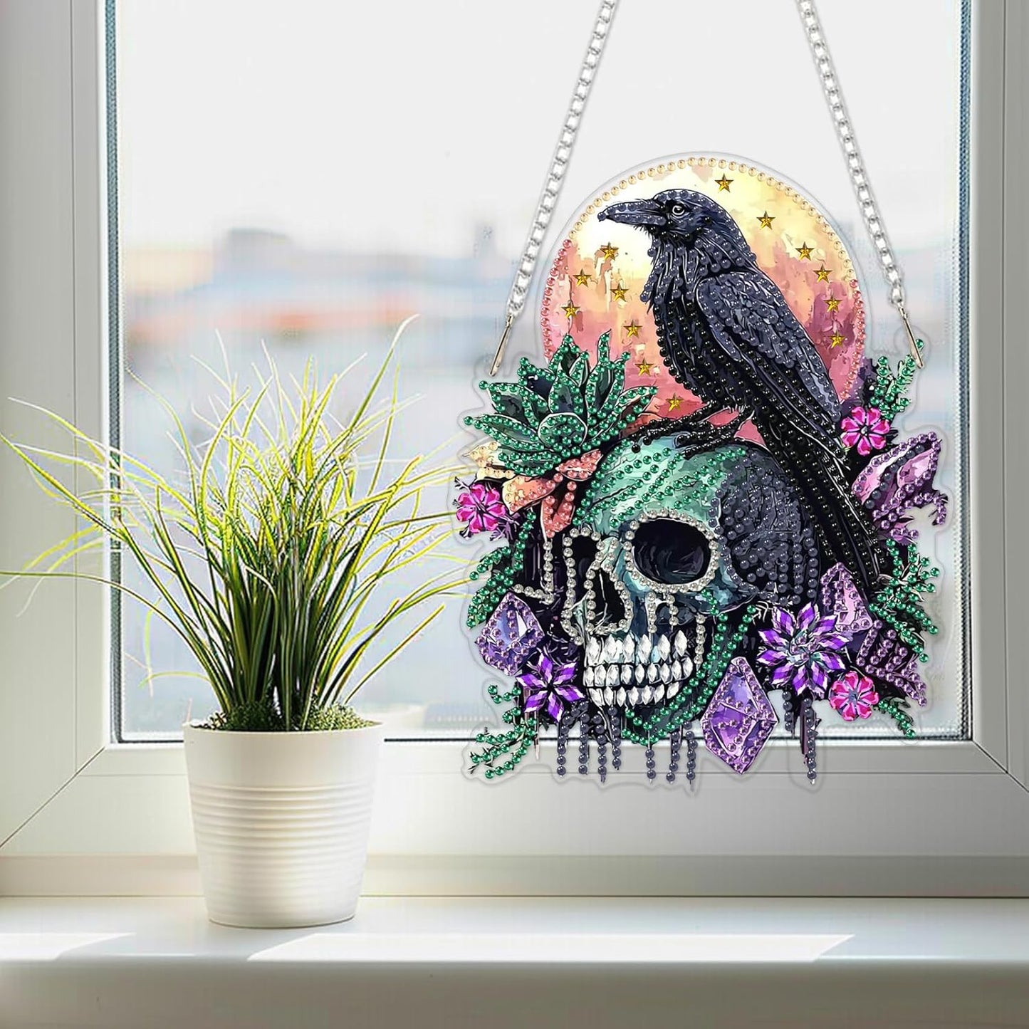 SENQAO Crow Diamond Art Hanging Kit for Adult, Special Shaped Rhinestone, Double Sided DIY Acrylic Diamond Art Painting Window Pendants Home Garden Wall Hanging Kits Hanging Ornament (Raven Skull)