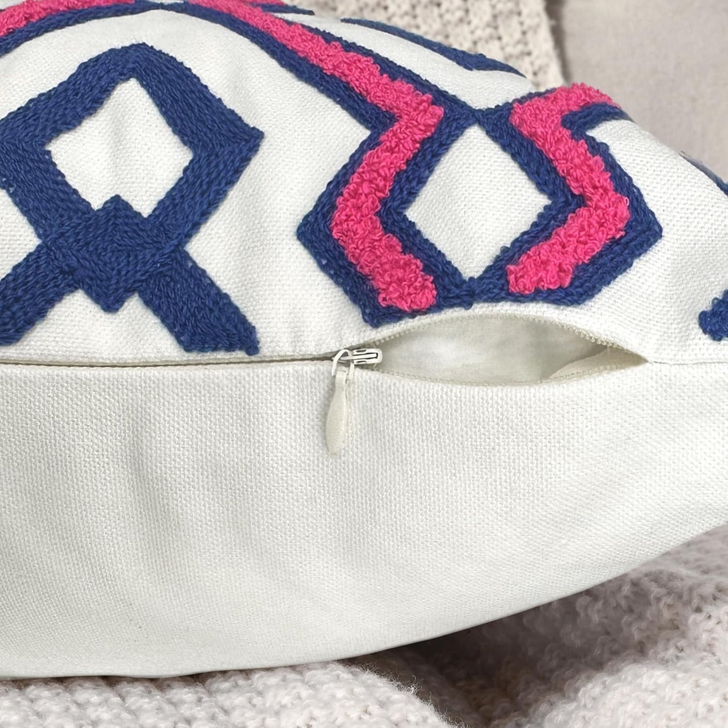 Alysheer Embroidered Lumbar Decorative Throw Pillow Cover 12"x 20", Classic Boho Geometric Embroidery Pattern Cotton Rectangular Cushion Case for Sofa Couch Living Room Bedroom(Blue Pink)