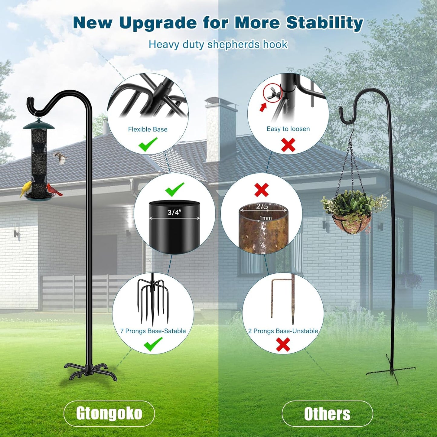 Gtongoko 92 Inch 2 Pack Bird Feeder Poles for Outdoors Heavy Duty, Shepherds Hooks for Outdoor, Hummingbird Feeder Stand, Adjustable Hanger for Plant, Lights, Lanterns Wedding Decor with 7 Prongs Base