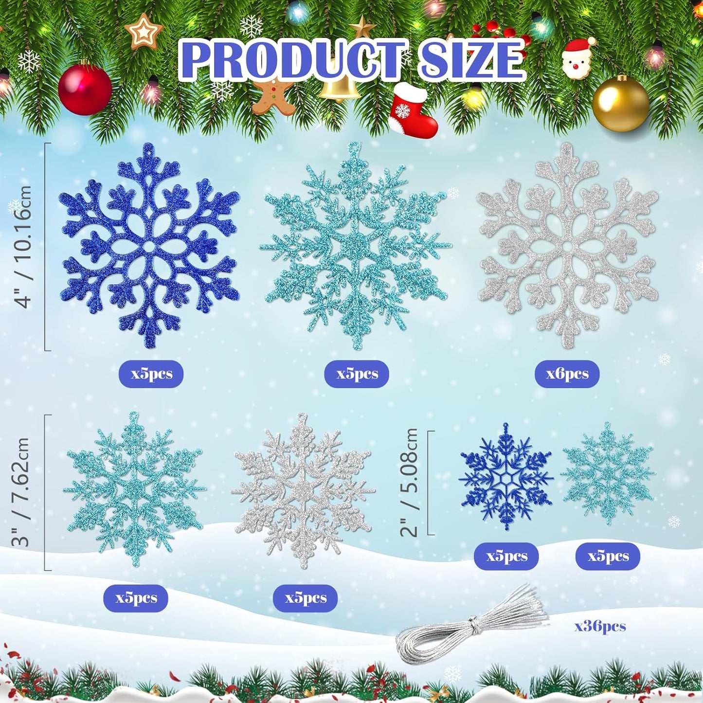36pcs Blue Silver Christmas Snowflake Ornaments, Plastic Glitter Hanging Snow Flakes for Christmas Tree Decorations Winter Wonderland Frozen Birthday Party Home Decor Craft Snowflakes