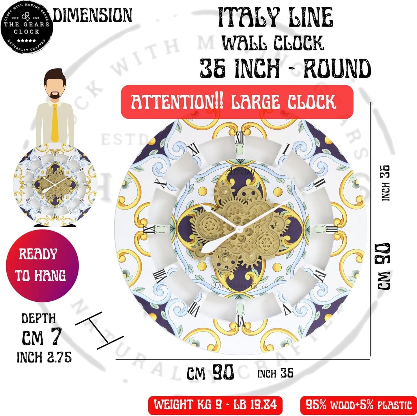 The Gears Clock Wall Clock Italy Collection with Moving Gears (Furore, 36 inch Round)