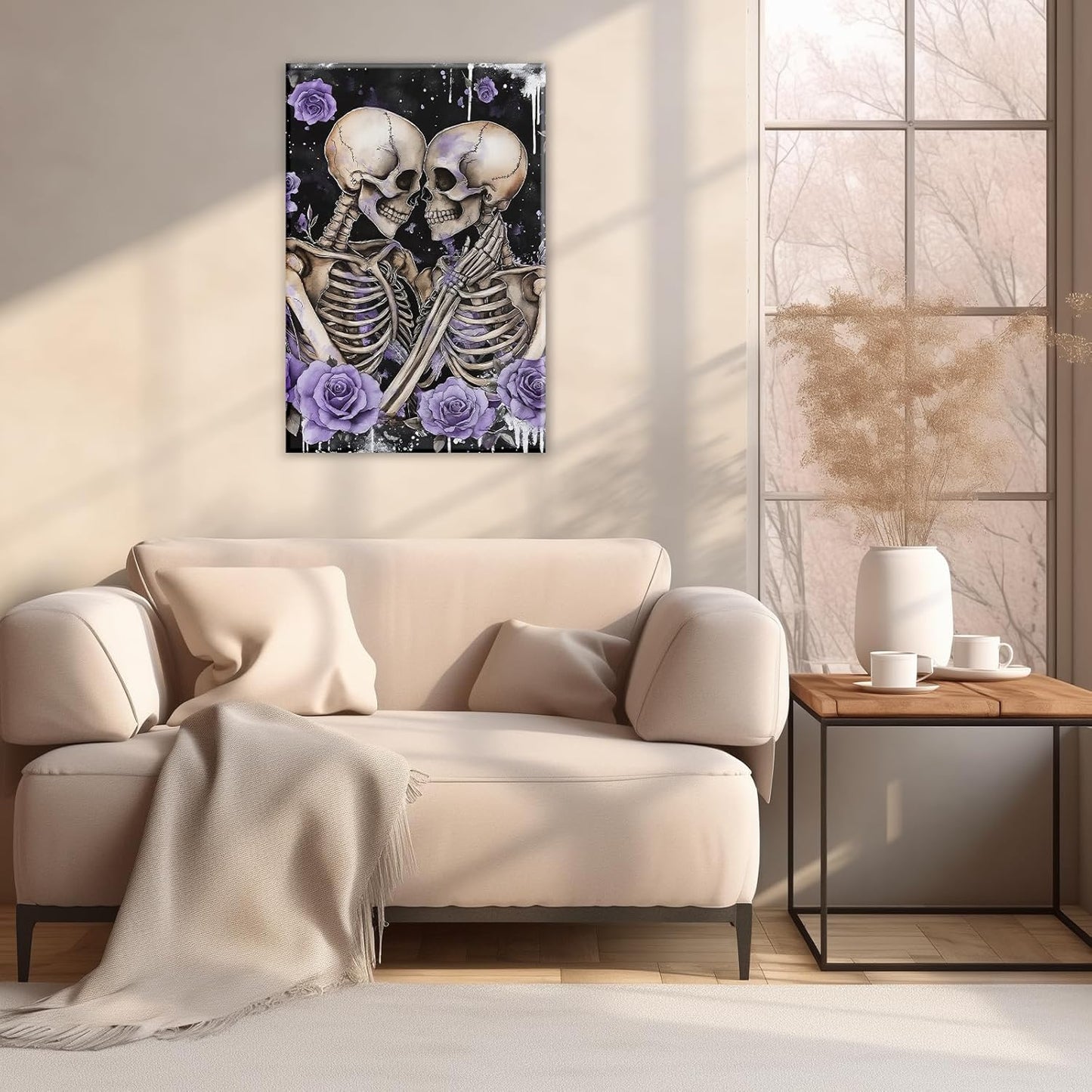 Skull Canvas Wall Art Couple Skeleton Holding Each Other Picture Art Poster Abstract Lover Painting Modern Artwork Horrible Halloween Decor(Artwork-2,24"x36")