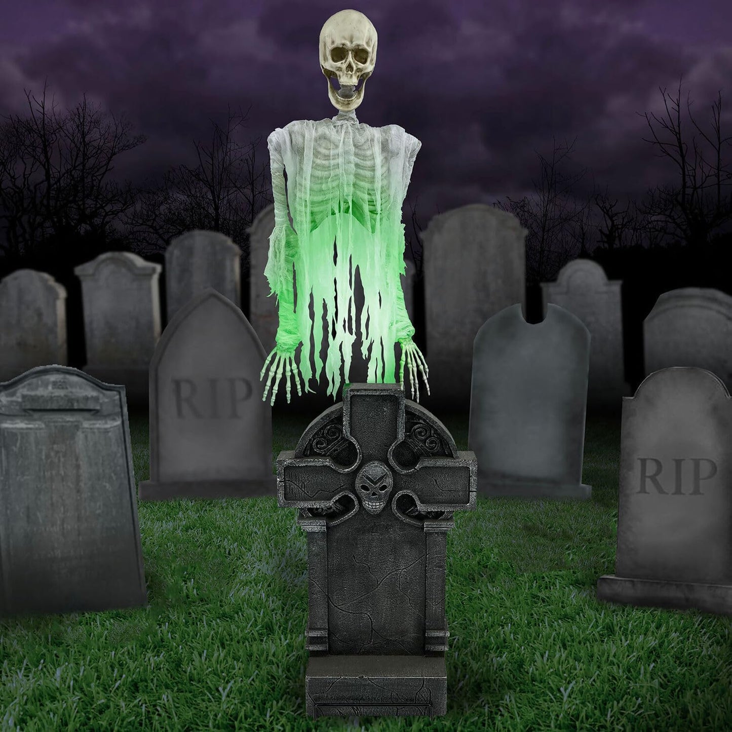 Haunted Hill Farm Motion Activated Floating Skeleton Ghost Over Tombstone by Tekky, Battery Operated Halloween Animatronic for Indoor or Covered Outdoor Creepy Halloween Decorations, Halloween Props