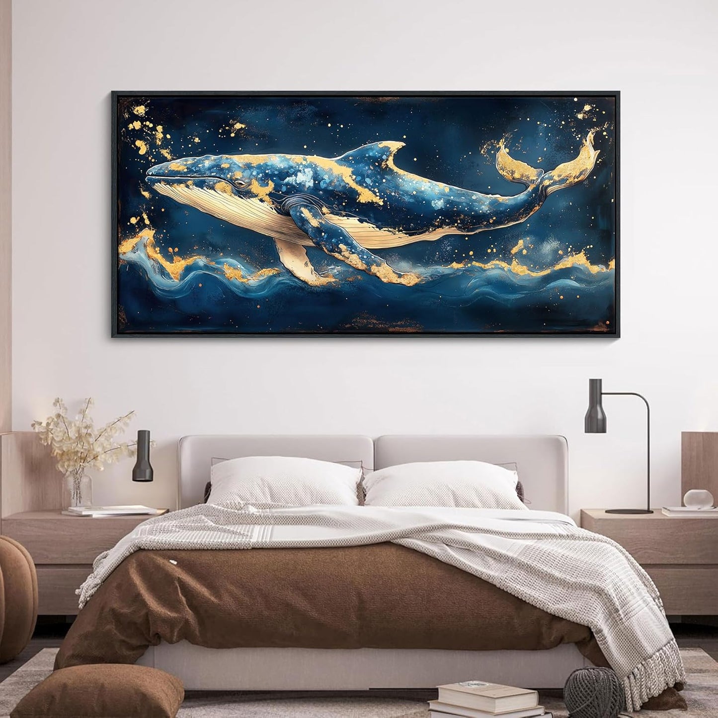 JEAWA Large Framed Canvas Painting - Marine Animal Wall Art Decor, Blue White Gold Whale Picture, Modern Art Prints for Living Room Bedroom Bathroom Home Decoration, 29x58 IN