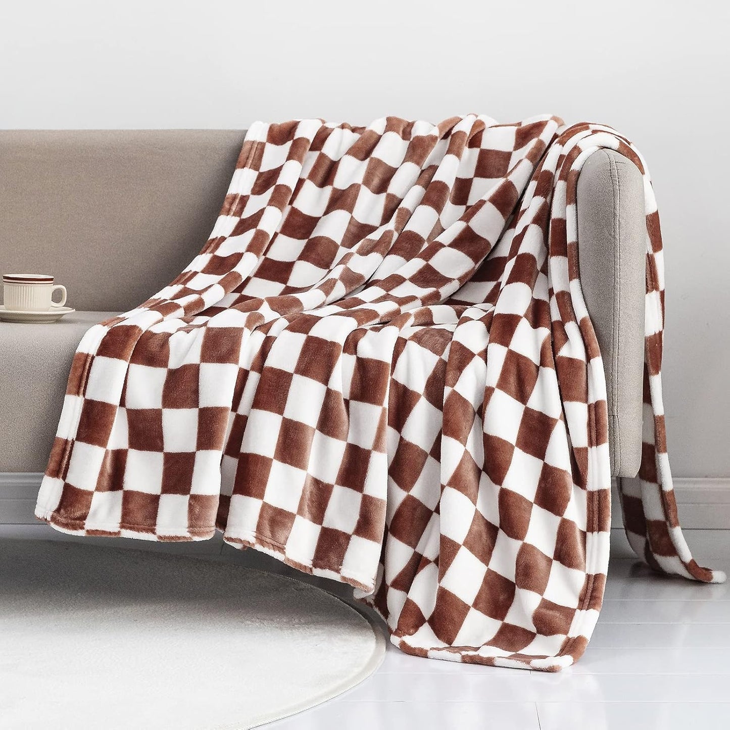 LOMAO Throw Blankets Flannel Blanket with Checkerboard Grid Pattern Soft Throw Blanket for Couch, Bed, Sofa Luxurious Warm and Cozy for All Seasons (Coffee, 50"x60")