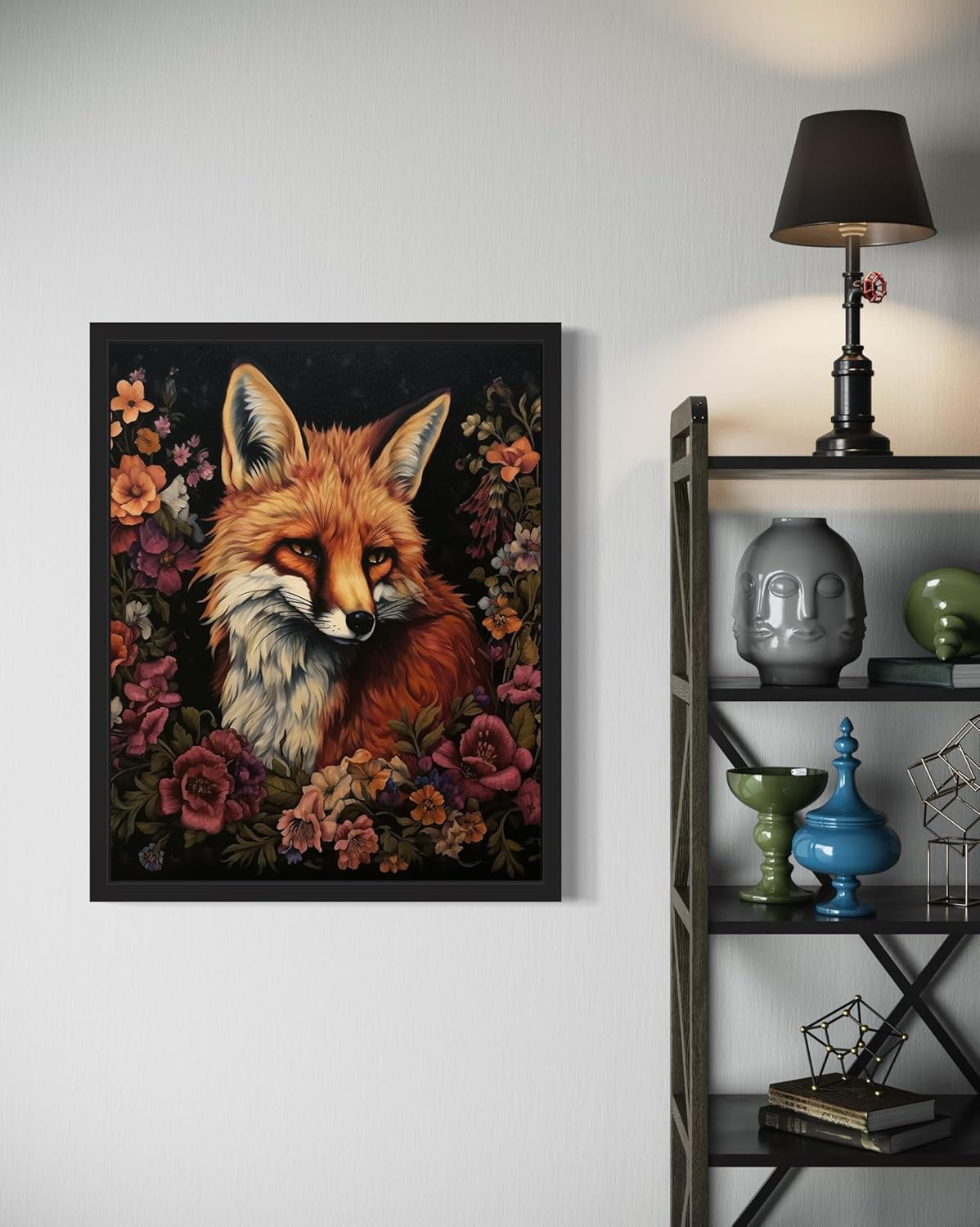Fox and Flower Poster Art Print, Halloween Scary Vintage Wall Art Academia Spooky Painting Decoration for Horror Prints, Gothic Posters Bedroom Decor 89 (Fox and Flower, 8 x 10 inches, Black Frame)