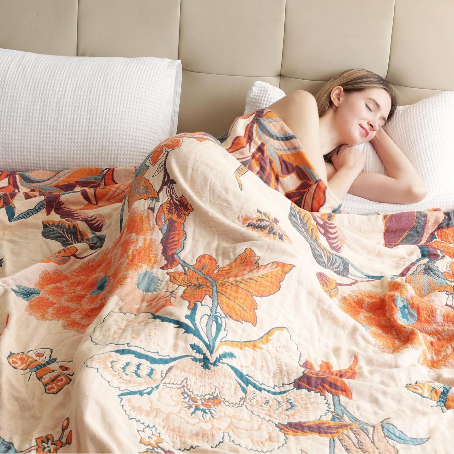 Boho Throw Blanket, 100% Organic Cotton Breathable Soft Lightweight All Season Rustic Bed Throw - Floral Bird Farmhouse Decor Blanket for Sofa Couch Chair Quilt and Gift. 60" x 80"