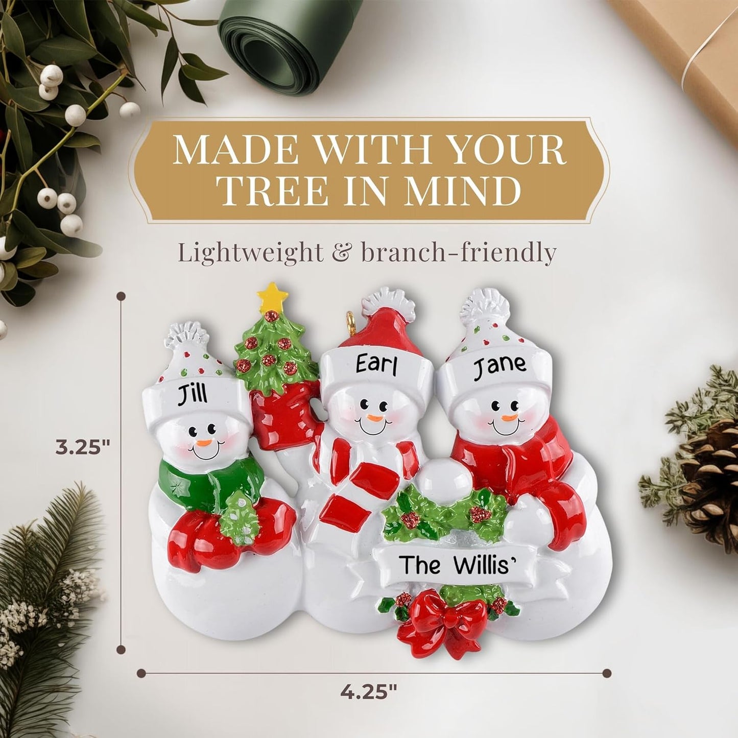 Personalized Family of 3 Ornament 2025 | Free 24h Customization | Laser Engraved Snowman Christmas Ornaments for Tree | Custom Gift Wrapped Festive Holiday Keepsake for Three Persons