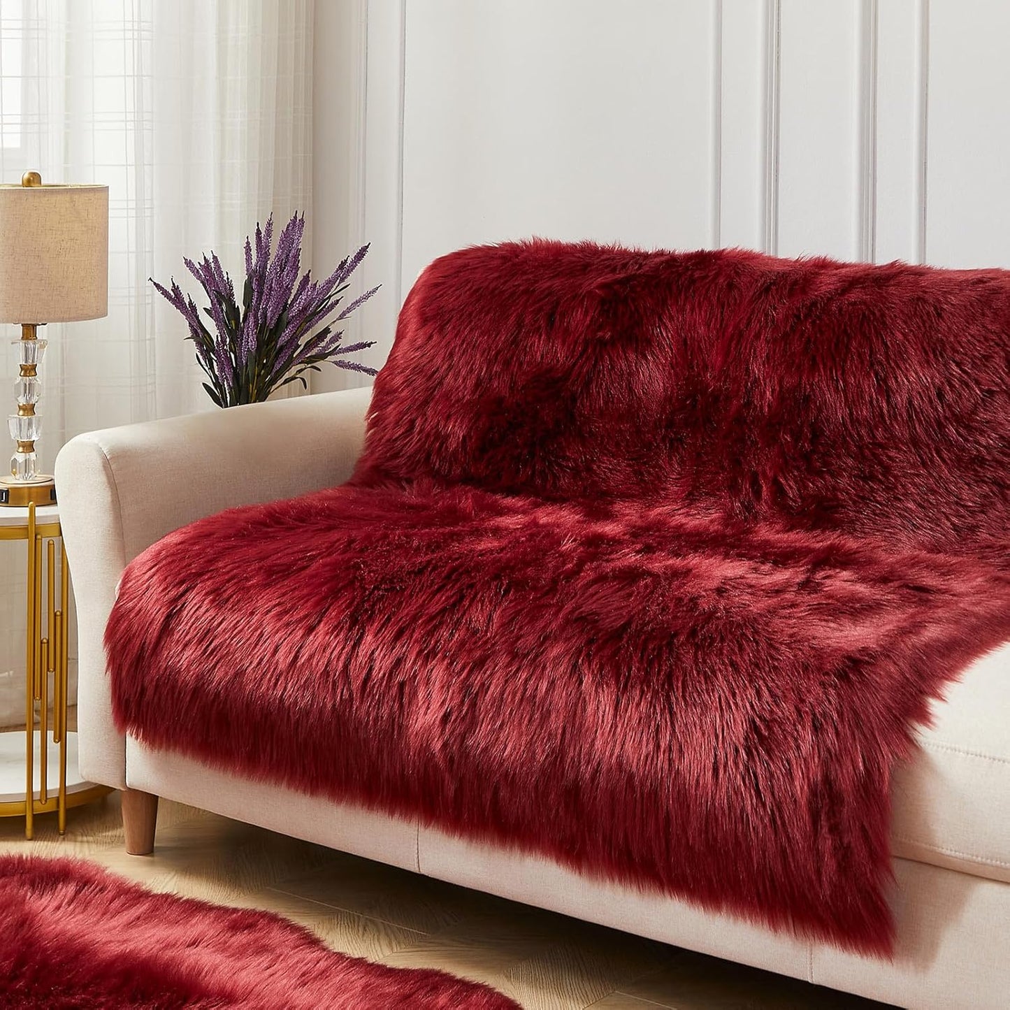 AMTOVO Faux Fur Sheepskin Rug for Living Room, 4 x 6 ft Burgundy Fluffy Area Rug for Bedroom, Playroom, Luxury Room Decor, Rectangle