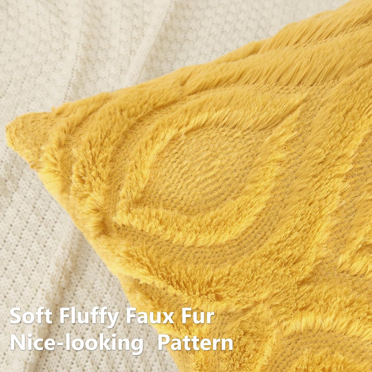 decorUhome Throw Pillow Covers 16x16 Inch Set of 2, Soft Plush Decorative Faux Fur Mustard Yellow Solid Couch Pillow Covers, Accent Farmhouse Neutral Square Euro Pillow Cases for Sofa Bed Living Room