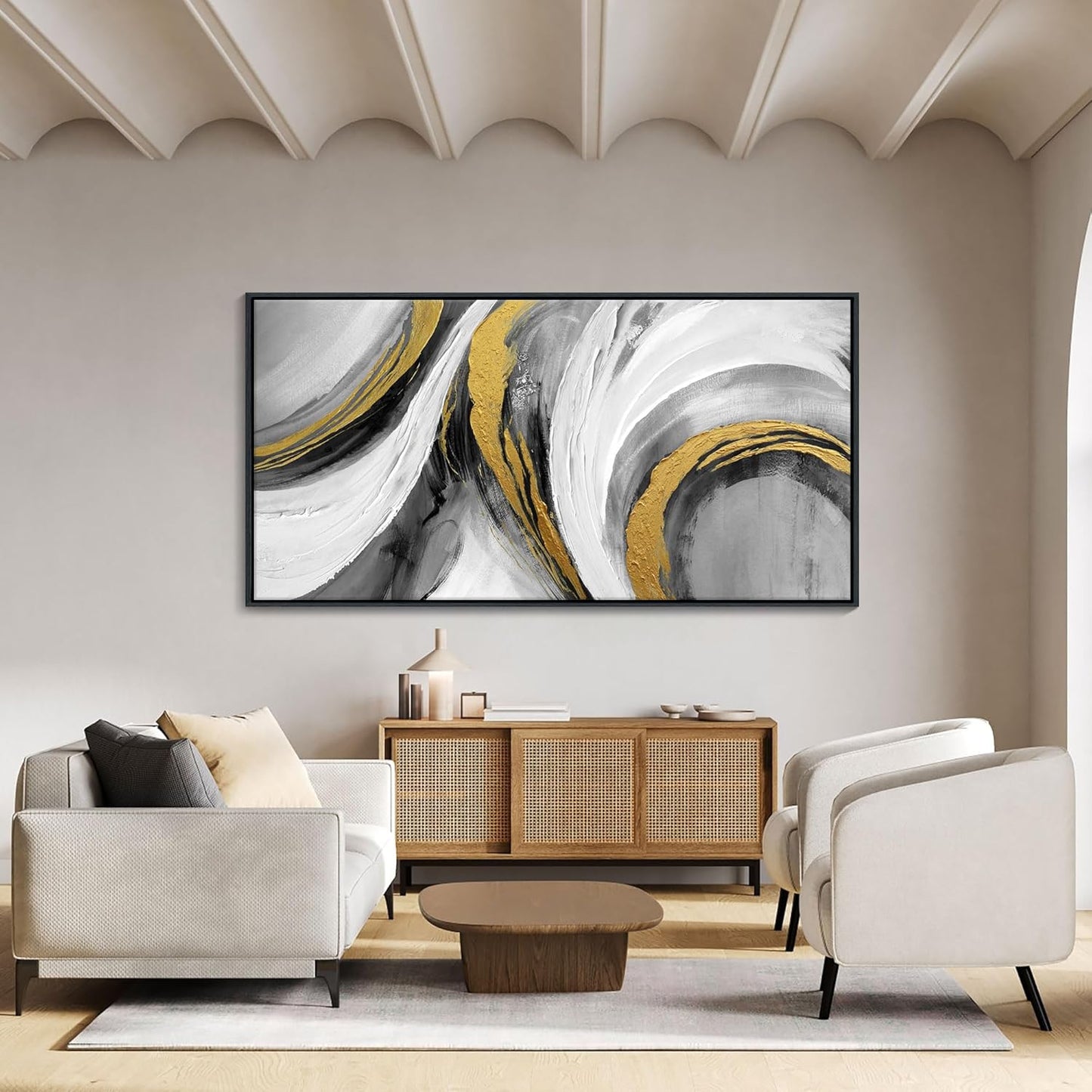 Abstract Large Wall Art - Hand Painted White Gold Tones Abstract Art Black Framed Poster Modern Style for Home Living Room Dining Room Office Hallway Kitchen Decor 24x48 In
