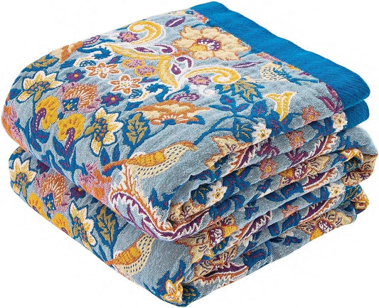 Boho Throw Blanket for Bed, 100% Cotton Soft Rustic Quilt Fall Blanket, 80"x90" Floral Printed Farmhouse Decor Bed Blankets, All Season Rustic Reversible Bohemian Throw Quilt