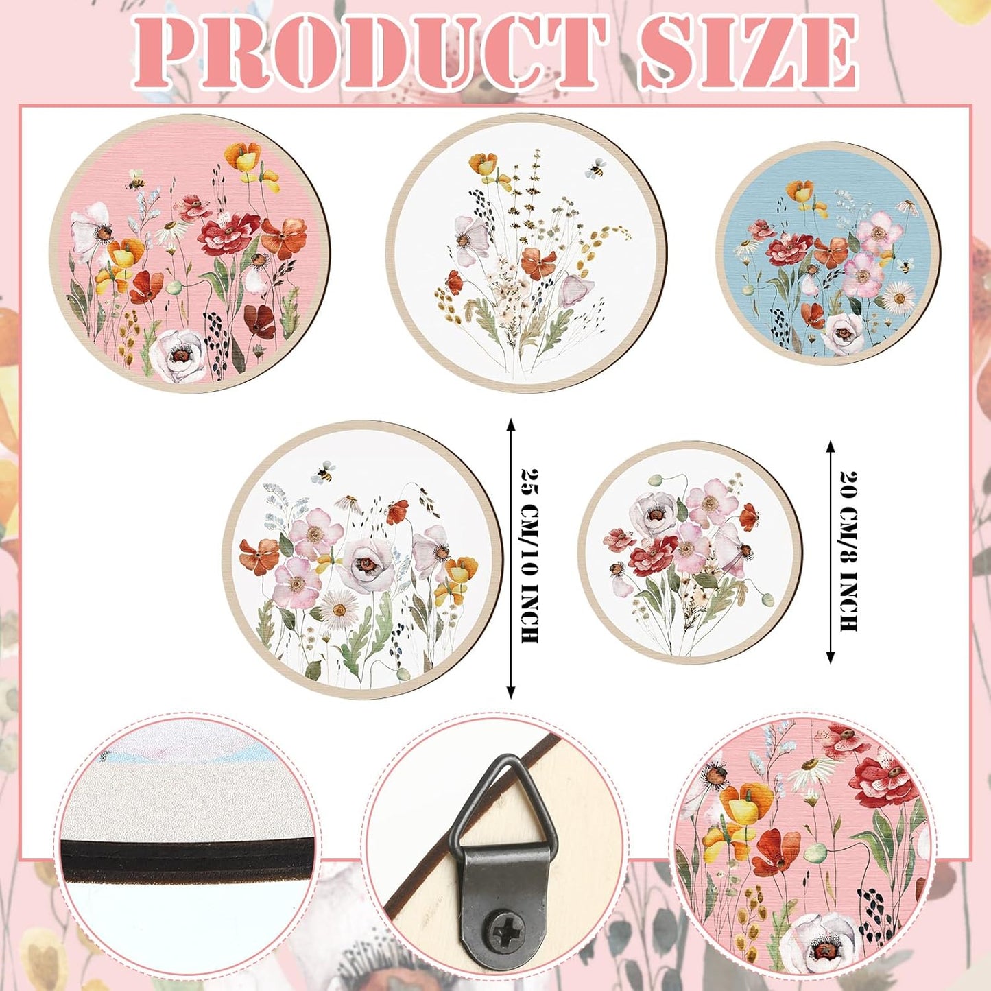 Qunclay 5 Pcs Wall Art Decor Wooden Living Room Wall Decor Bohemian Hanging Farmhouse Geometric 10'' and 8'' Aesthetic Wood Minimalist Posters for Bedroom(Wild Flower)