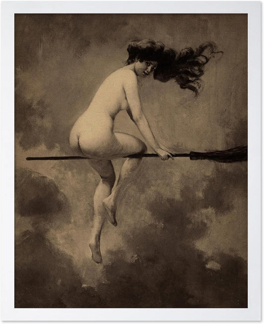 Poster Master Vintage Albert Joseph Penot Poster - Retro Halloween Print - Gift for Artist, Friend - Departure for the Sabbath, Naked Witch on Broom - Wall Decor for Bedroom, 16x20 White Framed