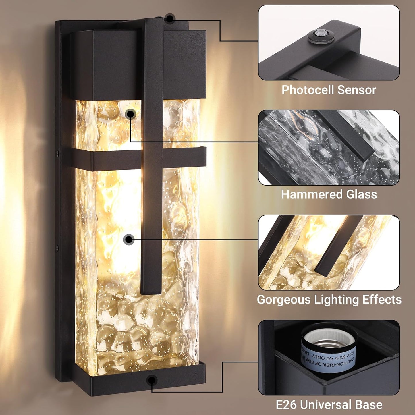 Hammered Glass Outdoor Wall Lantern, Dusk to Dawn Wall Sconce Lighting, 2 Pack Outdoor Light Fixtures, Exterior Porch Light with Waterproof, Modern Wall Lamp for Garage, Doorway, Patio(Bulb Included)