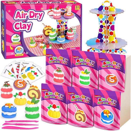 ifergoo Air Dry Clay Kit for Kids - Cakes Modeling Clay, Includes 6 Dessert Designs and Display Stand, DIY Art & Crafts School Projects, Home Party Kids Toys, Holidays Gifts for Age 3-12 Girls & Boys
