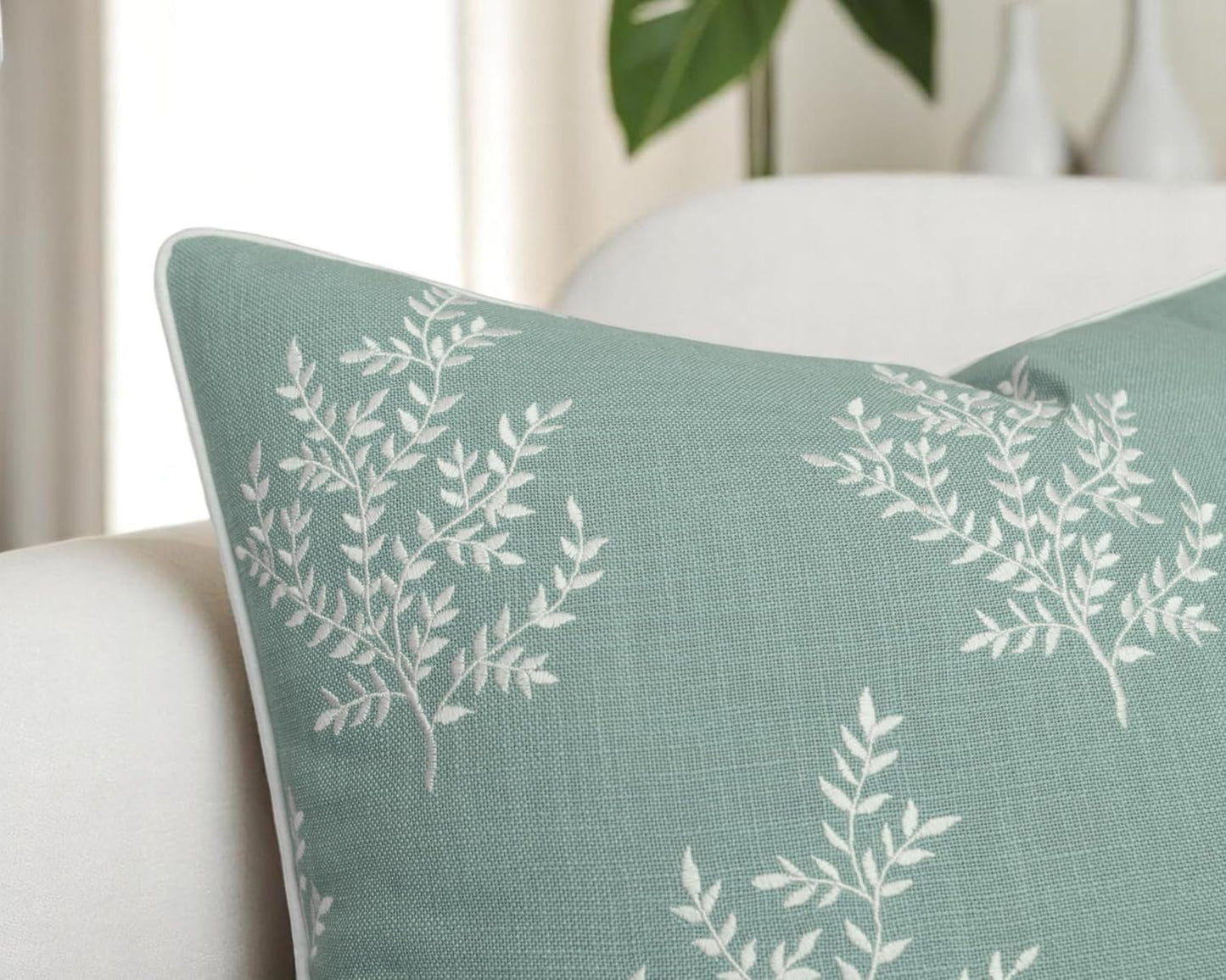 VAGMINE Embroidered Leaves Throw Pillow Cover - 20x20 Inches Square - 100% Cotton Light Teal Cushion Cover - Elegant Leaf Embroidery - Soft Boho Accent for Sofa, Lounge, Contemporary Décor
