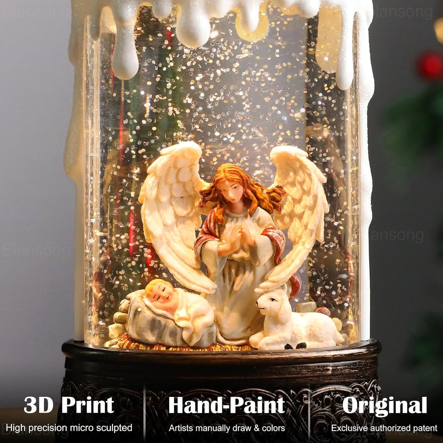 Nativity Snow Globe Candle Christmas Decorations Gifts Auto Snowfall Glitter Music Collection Angel Nativity Scene with 6H Timer USB/Battery Powered 9.7 inch