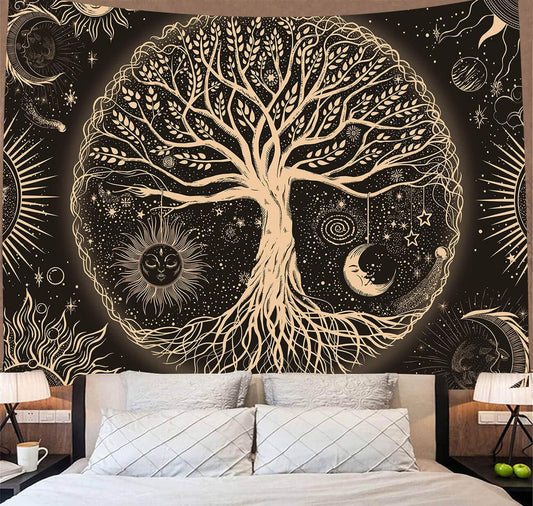 FORATER Tree of Life Tapestry Wall Hanging Sun Moon Stars Tapestries Aesthetic Galaxy Wall Tapestry Nature Home Decoration for Living Room Bedroom(53 x 61 Inch, Black and Gold)
